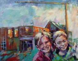 Kundenauftrag - Kinderportraits vor eigener Baustelle - Acryl auf Leinwand 80 x 100 cm