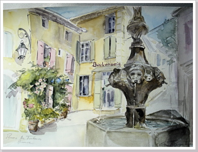 Dorfbrunnen in der Provence - Aquarell