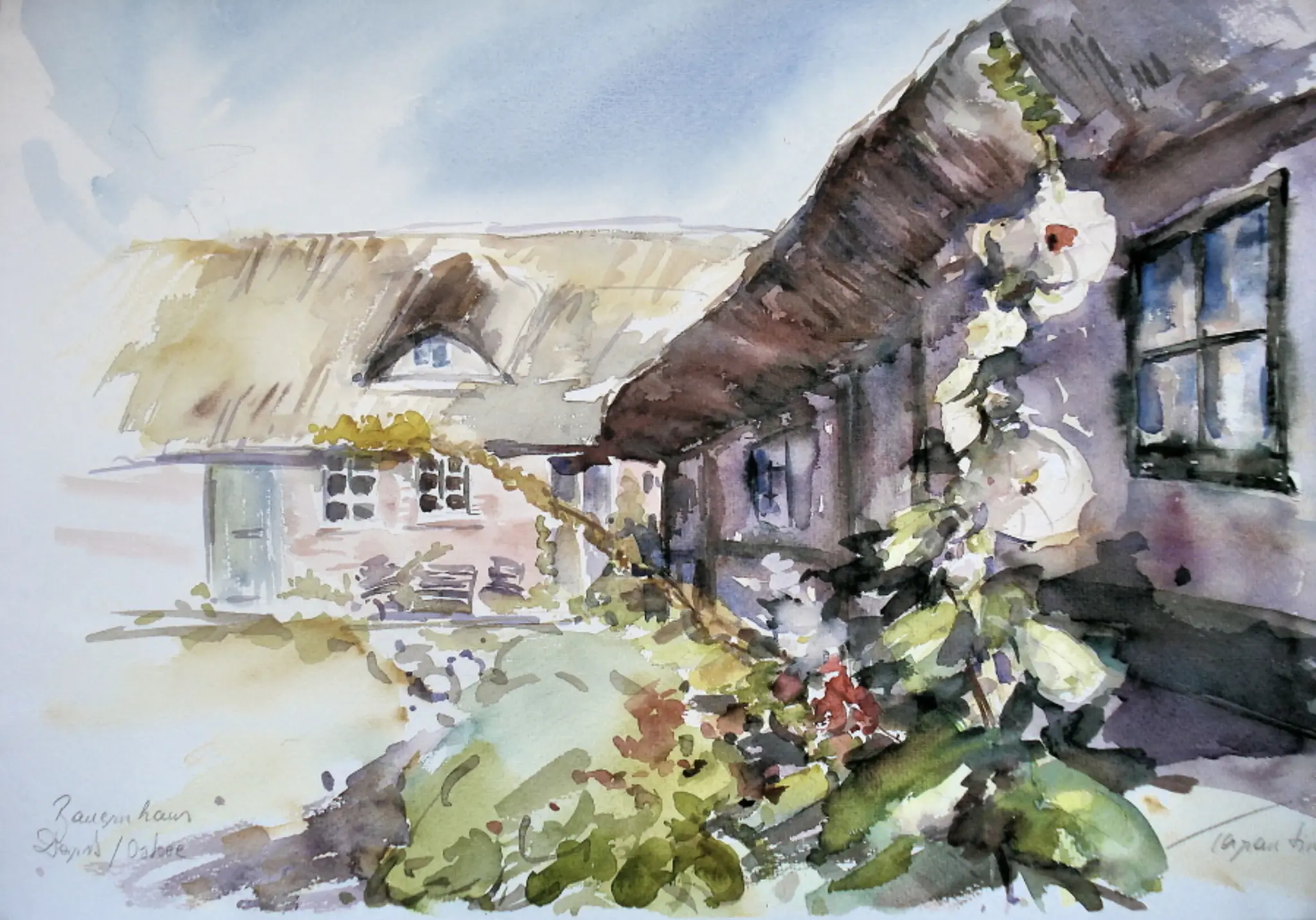 Bauernhaus Darß - Reetgedecktes Haus an der Ostsee Aquarellbild von Arte Tarantino