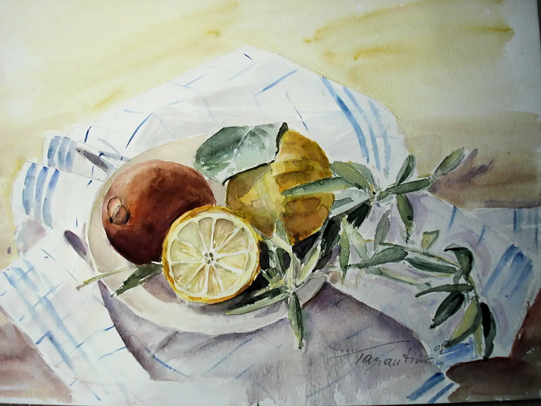 Mediterranes Stillleben - Südländische Früchte und Keramik Aquarellbild von Arte Tarantino