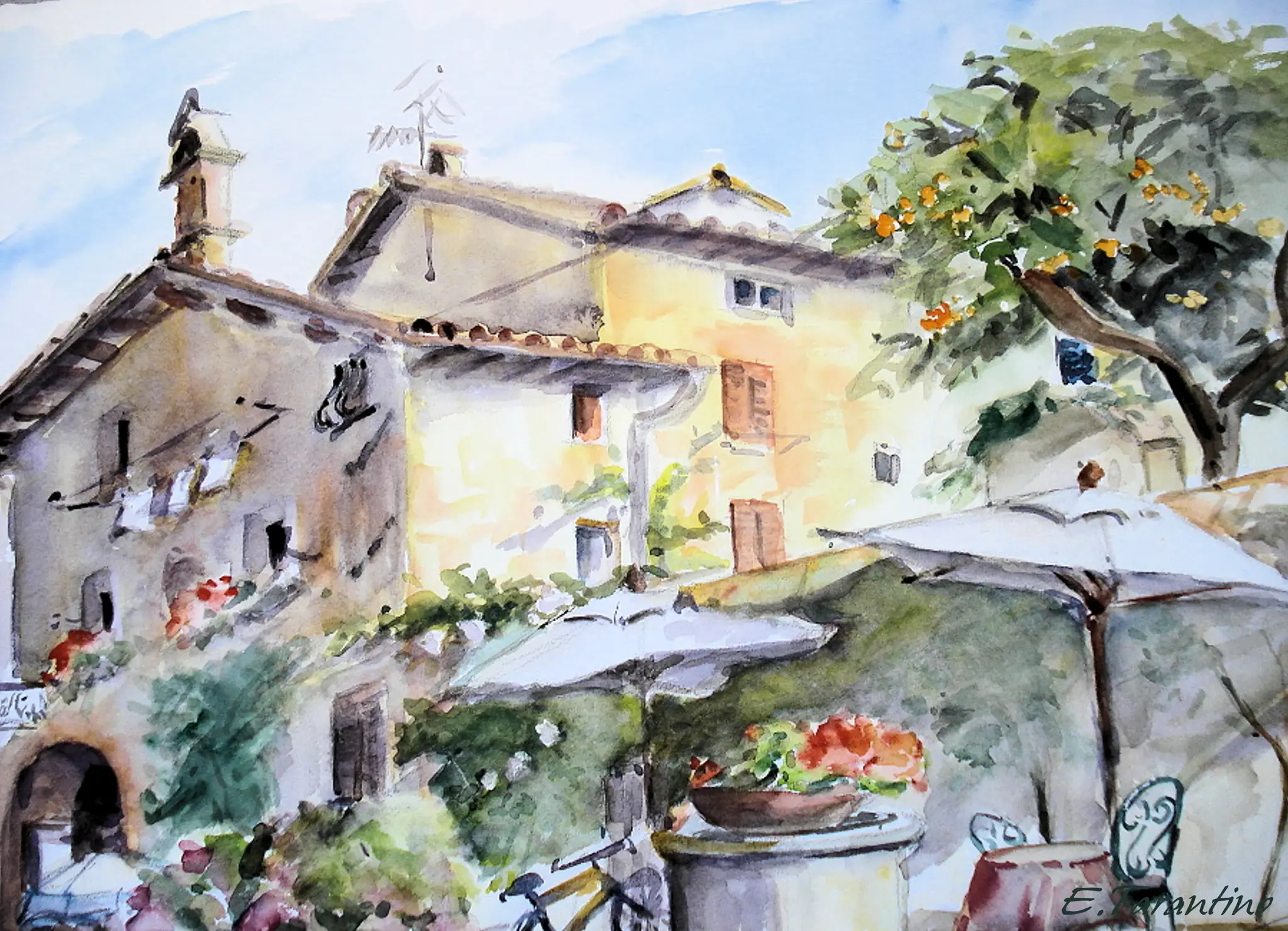 Toscana Dorf - Italienisches Bergdorf Aquarellmalerei von Arte Tarantino