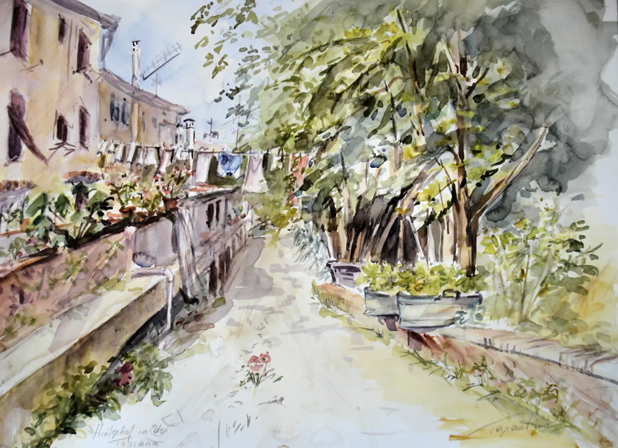 Toscana Hinterhof-Idylle - Versteckter Innenhof in Italien Aquarellbild von Arte Tarantino